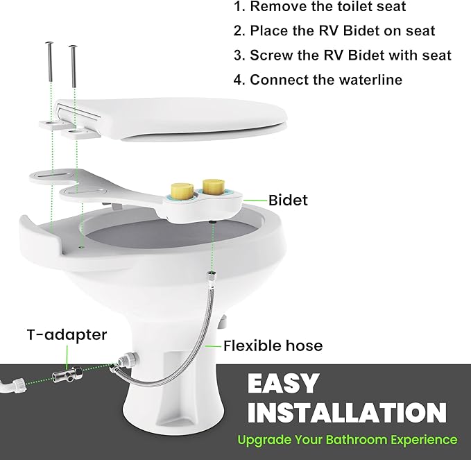 RV Bidet for Camper Toilet, Non-Electric Toilet Sprayer Attachment with Dual Nozzles, Adjustable Pressure, Front/Rear/Self Cleaning, Upgrade for Trailer, Motorhome, RV Bathroom (Bamboo Knob)