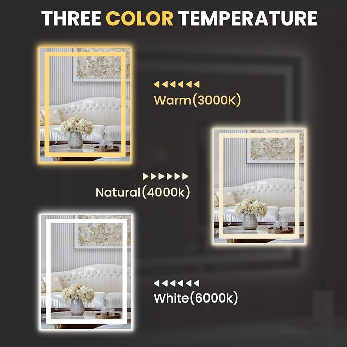 LOAAO 20"X28" LED Bathroom Mirror with Lights, UL Listed | Anti-Fog, Dimmable, 3 Color Temperature, Backlit + Front Lit, Memory Function, Tempered Glass