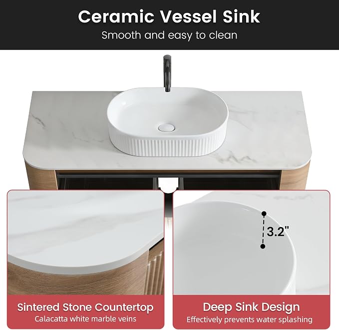 48" Floating Bathroom Vanity with White Sink, Honey Oak | Pre-Assembled Fluted Wall Mounted Vanity with Ceramic Vessel Sink, Rounded Edges, Soft-Close Drawer & Towel Rack