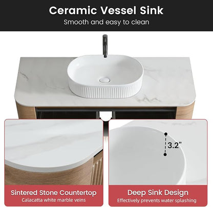 48" Floating Bathroom Vanity with White Sink, Honey Oak | Pre-Assembled Fluted Wall Mounted Vanity with Ceramic Vessel Sink, Rounded Edges, Soft-Close Drawer & Towel Rack