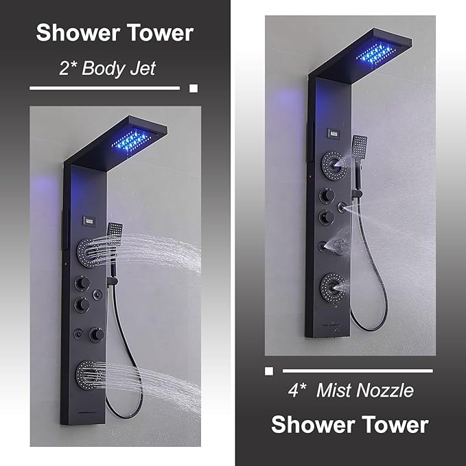 Shower Panel LED Rainfall Waterfall Shower Head Light Bathroom Shower Panel Tower System Rain Massage 6-Functions with Handheld Shower Tub Spout Body Jet Temperature Display Wall Mount