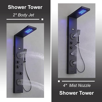 Shower Panel LED Rainfall Waterfall Shower Head Light Bathroom Shower Panel Tower System Rain Massage 6-Functions with Handheld Shower Tub Spout Body Jet Temperature Display Wall Mount