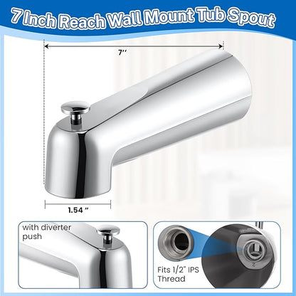 Dreyoo 7 Inch Bathroom Tub Spout Compatible with Westbrass E531D-1F-62, Fits Wall Front Mount Tub Spout with Shower Diverter 1/2'' IPS Inside Thread Bathtub Faucet (Chrome)