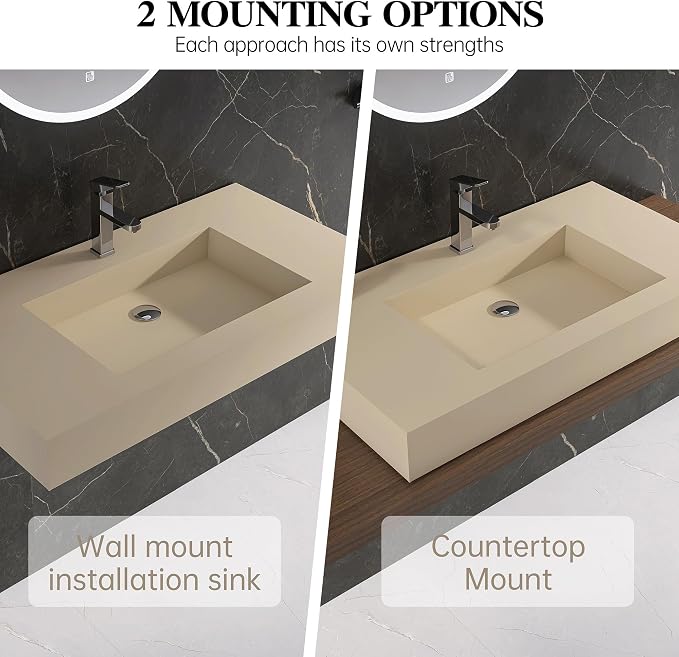 35" x 19" Bathroom Sink with Single Faucet Hole, Stone Resin Wall Mount Sink, Rectangle Solid Surface Vessel Sinks for Bathroom, Floating or Countertop Vessel Sinks, Latte Color