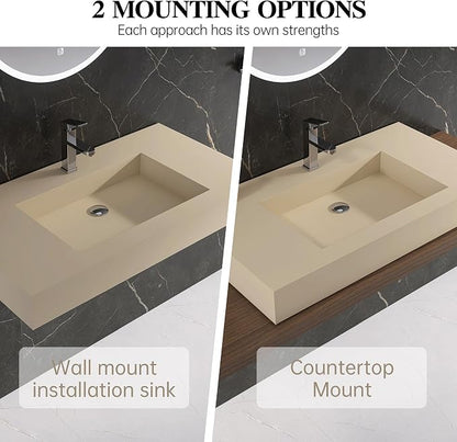 35" x 19" Bathroom Sink with Single Faucet Hole, Stone Resin Wall Mount Sink, Rectangle Solid Surface Vessel Sinks for Bathroom, Floating or Countertop Vessel Sinks, Latte Color