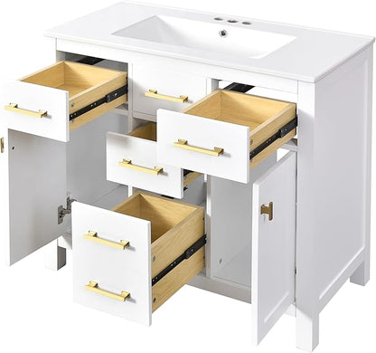 72 Inch White Bathroom Vanity with Double Sink,Modern Double Sink Vanity with 8 Drawers & 4 Cabinets,Soft Closing Doors with Gold Handles,Solid Wood Frame,Grid Front(2 * 36 Inch)