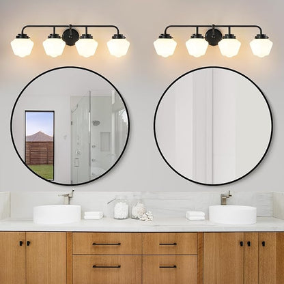 Bathroom Vanity Light Fixtures: 4-Light Matte Black Bathroom Lighting Fixtures Over Mirrors, Farmhouse Rustic Wall Sconce with Milky White Glass for Bath Living Room Cabinet