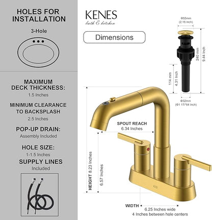 KENES Pull Down Bathroom Faucet with Sprayer, Brushed Gold 4 Inch 2 Handle Centerset Bathroom Faucet 3 Hole with Pull Out Sprayer, Vanity Faucet with Pop Up Drain & Supply Lines LJ-9059A-4