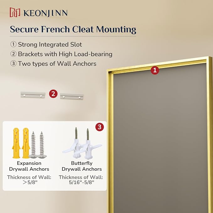 Keonjinn 60" x 36" Gold Bathroom Mirrors, Secure French Cleat Installation | Tempered Glass with Beveled Edge, Aluminum Alloy Frame, Anti-Rust, Large, Brushed Gold Bathroom Vanity Mirror for Wall