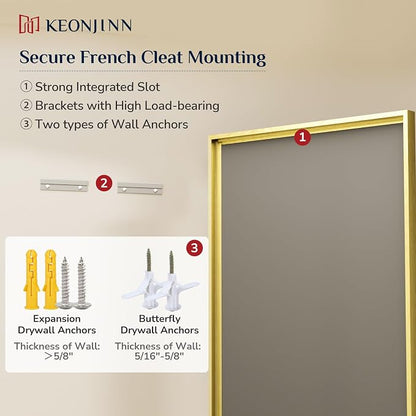 Keonjinn 60" x 36" Gold Bathroom Mirrors, Secure French Cleat Installation | Tempered Glass with Beveled Edge, Aluminum Alloy Frame, Anti-Rust, Large, Brushed Gold Bathroom Vanity Mirror for Wall