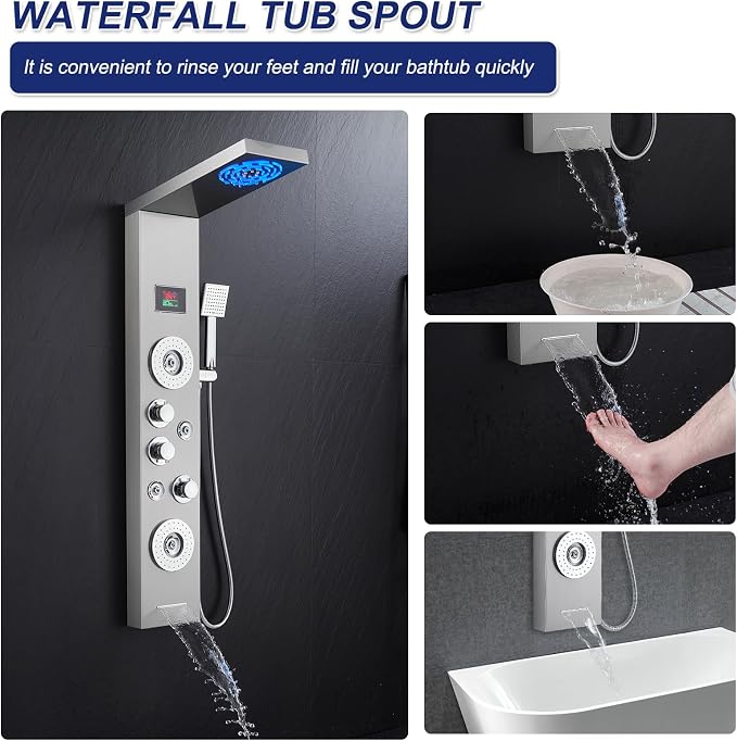 ROVATE 6-in-1 LED Rainfall Mist Shower Panel Tower System, Brushed Finish | Stainless Steel Shower Column with 2-Setting Massage Body Jets, Flexible Handheld, Tub Spout, Digital Temperature Display