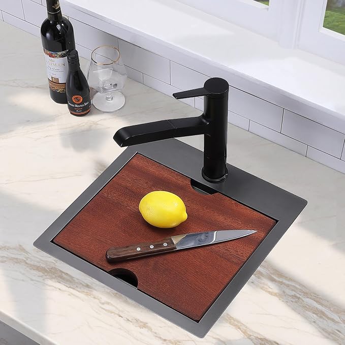 HOTIS 15 X 15 Inch Black Drop in Bar Sink, Black Bar Sink,Topmount RV Small Kitchen Sink, Outdoor Single Bowl Prep Sink with Dish Grid & Drain & Cutting Board