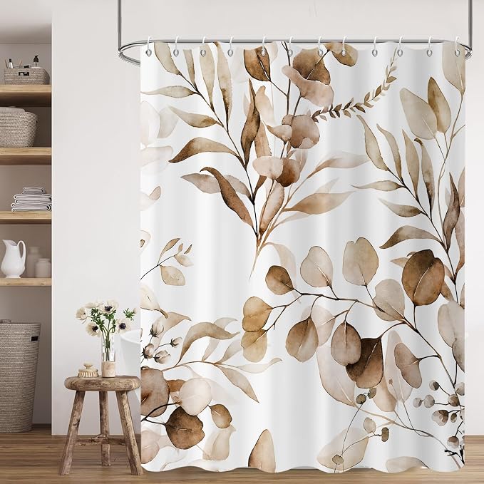 Brown Shower Curtain, Watercolor Eucalyptus Leaves Botanical Plants with Floral Bathroom Curtain Home Bathtub Decor Waterproof Fabric Machine Washable with 12 PCS Hooks,72" Wx96 L