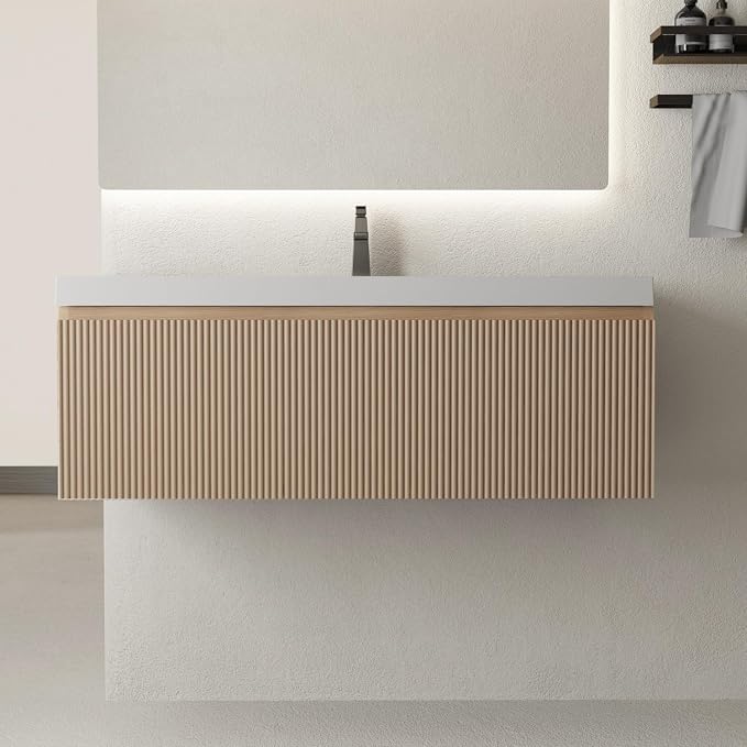 36 Inch Floating Bathroom Vanity with Sink, Wall-Mounted Striped Storage Cabinet with Soft-Close Drawer, Glossy White Solid Surface Basin, Fully Assembled, Natural Oak Finish