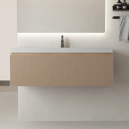 36 Inch Floating Bathroom Vanity with Sink, Wall-Mounted Striped Storage Cabinet with Soft-Close Drawer, Glossy White Solid Surface Basin, Fully Assembled, Natural Oak Finish