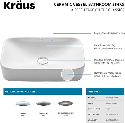 Kraus KCV-122-SN Ceramic Above counter Rectangular Bathroom Sink, 19.44 x 11.84 x 5 inches, Satin Nickel/White
