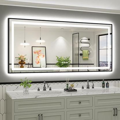 77x36 Inch LED Bathroom Mirror with Black Frame, Backlit & Front Lit, Anti-Fog Lighted Bathroom Vanity Mirror for Wall, Memory Function, Dimmable, HD Tempered Glass, Shatter-Proof
