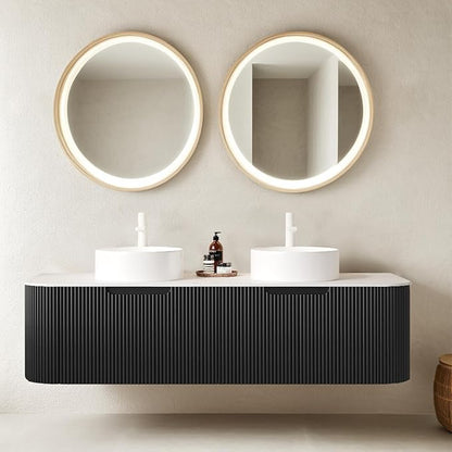 60 Inch Floating Bathroom Vanity with Double Sink, Modern Bathroom Vanities with Ultra-Thin Marble Countertop and Ceramic Sink, Soft-Close Design, Natural Solid Wood Cabinet, Pre-Assembled, Black