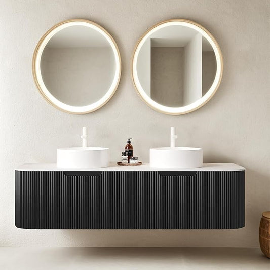 60 Inch Floating Bathroom Vanity with Double Sink, Modern Bathroom Vanities with Ultra-Thin Marble Countertop and Ceramic Sink, Soft-Close Design, Natural Solid Wood Cabinet, Pre-Assembled, Black