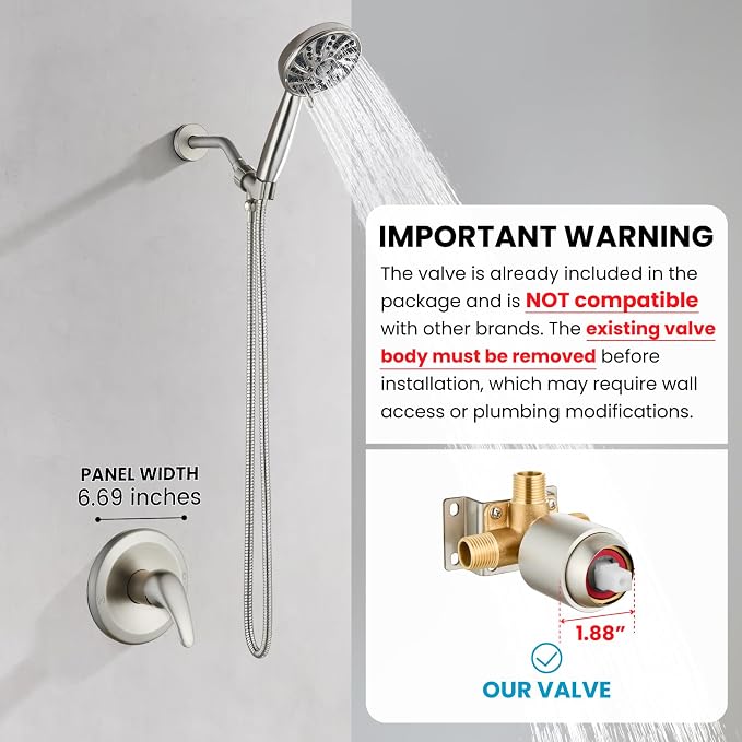 gotonovo Shower Faucet Set with Valve Kit 6 Mode Handheld Brushed Nickel | Bathroom Shower Head and Handle Set,6 Modes ABS Handheld Spray,Pressure Balance Valve and Trim Kit Complete,Single-Handle