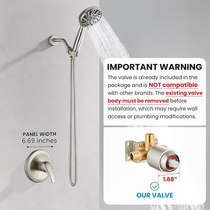 gotonovo Shower Faucet Set with Valve Kit 6 Mode Handheld Brushed Nickel | Bathroom Shower Head and Handle Set,6 Modes ABS Handheld Spray,Pressure Balance Valve and Trim Kit Complete,Single-Handle