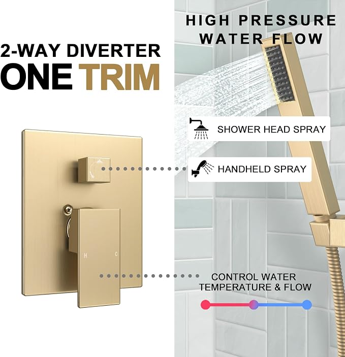 Lava Odoro Modern 2-Setting Square Shower Faucet Set with Shower Head and Handheld Sprayer Gold, Rainfall Shower System with Hand Shower, Shower Valve Trim Kit, Champagne Gold, SF103-CB