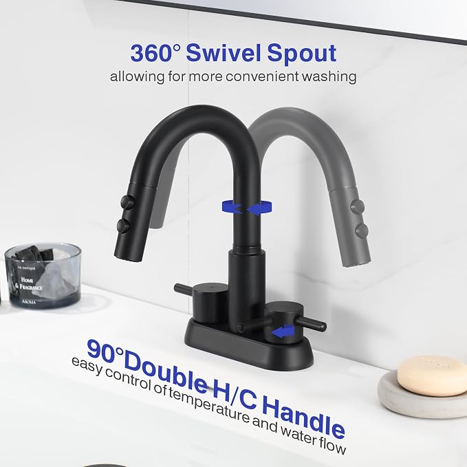 Bathroom Faucet with Sprayer, Matte Black 2 Handles with Pop-Up Drain | Kablle 3 Holes Pull Out 4 inch Centerset Laundry Bar Basin Pull Out Faucet with Pop-Up Drain, KBL-MP-6002B-CL