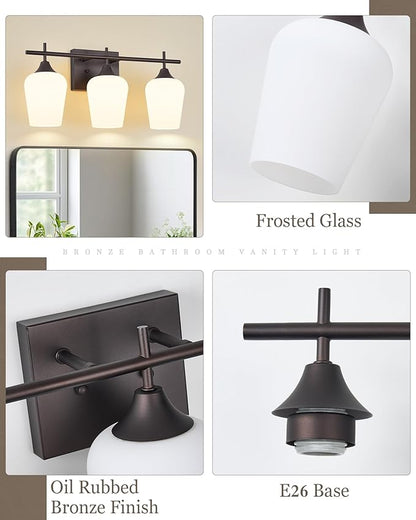 3-Light Bathroom Lighting Fixtures Over Mirror, 21" Oil Rubbed Bronze Vanity Lights Farmhouse Bath Wall Sconce with Milk Glass for Bath, OS-YQ9167-3AW
