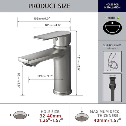 BELZ 2-Pack Brushed Nickel Bathroom Faucet, Modern Single Handle Set of 2 Sink Faucets for Single Hole Vanity, Tool-Free 15-Min Install, Spot-Resistant Finish, Pre-Installed 24" Supply Lines