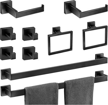 Bathroom Hardware Accessories Set 10 Pieces Matte Black Towel Bar Set 24 Inch, Towel Rack Rings Stainless Steel Bath Coat Hooks Wall Mounted Toilet Paper Holder