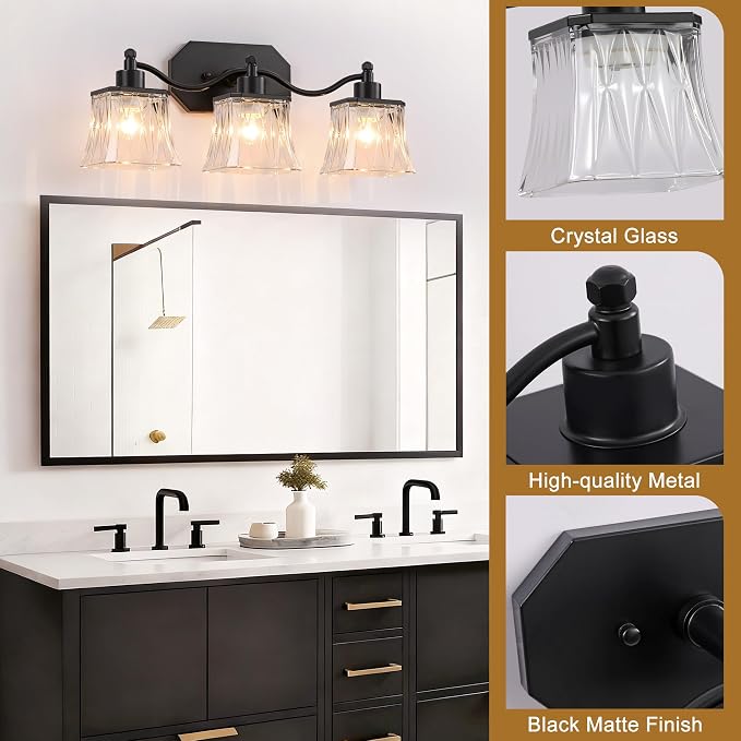 3-Light Matte Black Vanity Light, Vintage Crystal Glass Shades | Rust & Humidity Resistant Iron Frame,Mounted Over Mirror, Compatible with E26 Bulbs for Bathroom, Bedroom & Hallway