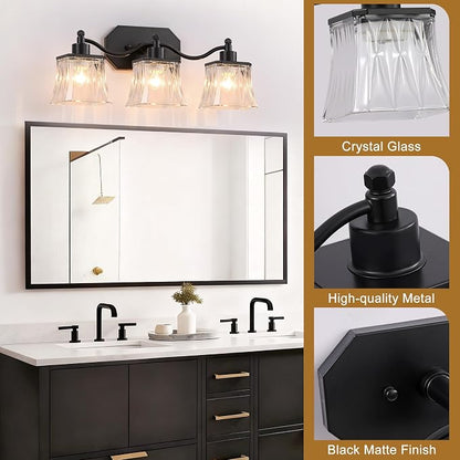 3-Light Matte Black Vanity Light, Vintage Crystal Glass Shades | Rust & Humidity Resistant Iron Frame,Mounted Over Mirror, Compatible with E26 Bulbs for Bathroom, Bedroom & Hallway