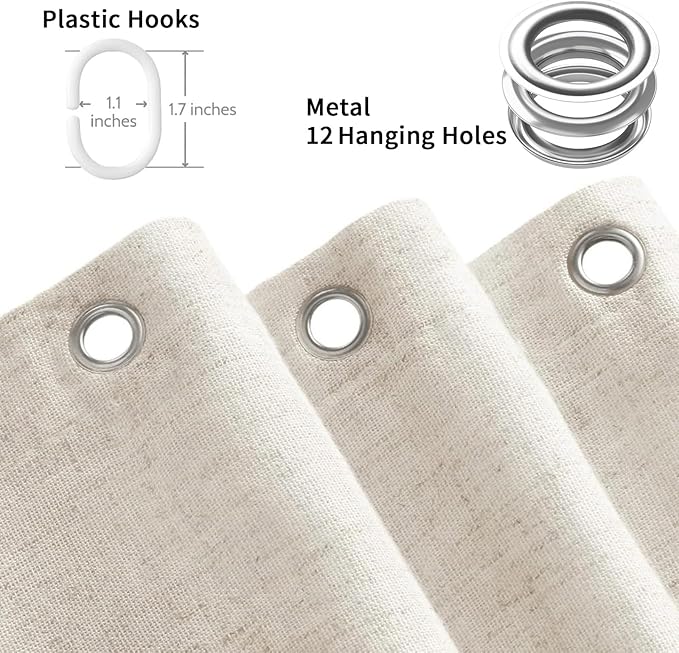 Linen Shower Curtain Fabric Boho Farmhouse Shower Curtains for Bathroom Cream Cotton Natural Cloth Liner Set 72" W x 90" L