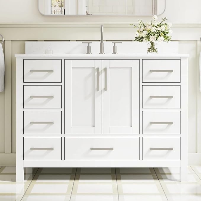 48-Inch Bathroom Vanity with Sink, 2 Soft-Close Doors and 9 Soft-Close Drawers, Bathroom Freestanding Vanity with Cultured Marble Countertop, White Vanity with Brushed Nickel Handles