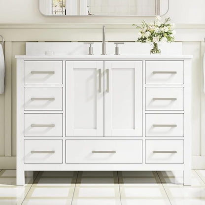 48-Inch Bathroom Vanity with Sink, 2 Soft-Close Doors and 9 Soft-Close Drawers, Bathroom Freestanding Vanity with Cultured Marble Countertop, White Vanity with Brushed Nickel Handles