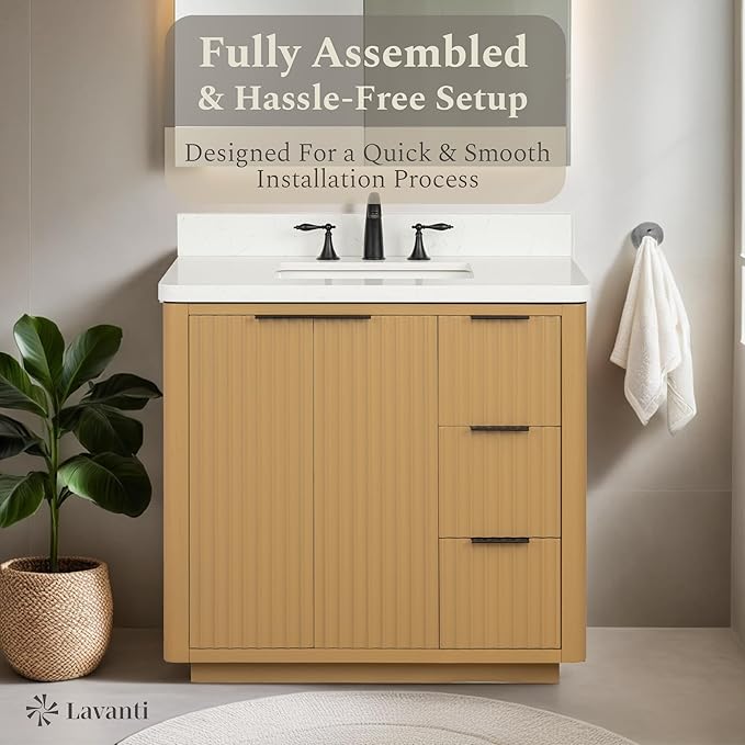 Lavanti Wooderna 36 Inch Bathroom Vanity with Sink – Stylish Firwood Oak Vanity Bathroom with Storage Cabinet – Modern Bathroom Vanities with Single Vanity Sink & Quartz Countertop