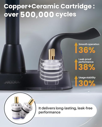 ARCORA Matte Black Bathroom Faucet, 4 Inch Centerset Bathroom Sink Faucet with Drain Assembly and Supply Hoses, 2 Handle Basin Faucet