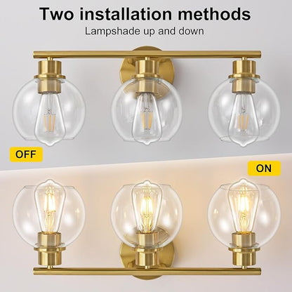 22" Bathroom Light Fixtures, 3-Lights Bathroom Vanity Light Over Mirror with Clear Glass Shade, Modern Gold Wall Sconce Vanity Lighting for Bath, Kitchen, Living Room, Hallway