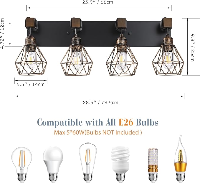 VbiTmn Black Gold Bathroom Light Fixtures, 4-Light Farmhouse Vanity Light | Wood Vanity Lights, Rustic Wall Mount Over Mirror for Bedroom & Hallway, Easy to Install, Sturdy Build for Bathroom Use
