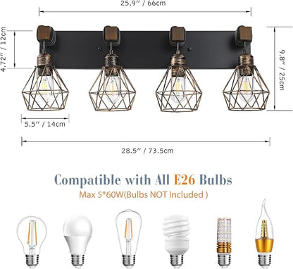 VbiTmn Black Gold Bathroom Light Fixtures, 4-Light Farmhouse Vanity Light | Wood Vanity Lights, Rustic Wall Mount Over Mirror for Bedroom & Hallway, Easy to Install, Sturdy Build for Bathroom Use