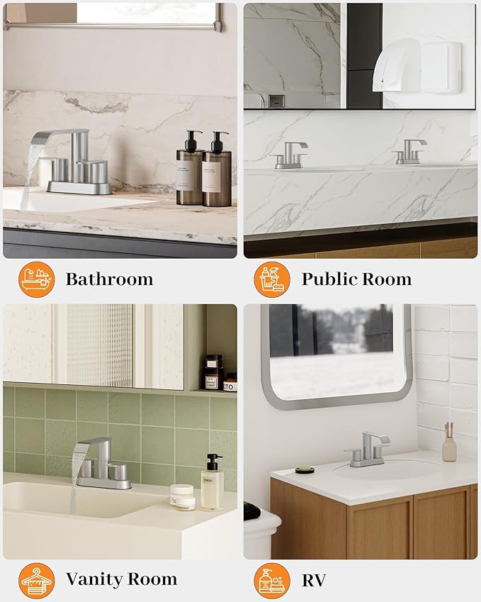 Waterfall Bathroom Sink Faucet Brushed Nickel 4 Inch Centerset Two Handle | Stainless Steel Modern Bathroom Faucets with Pop up Drain Supply Hose for Vanity RV 2 or 3 Hole Sink by Homevacious