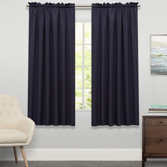 Sweet Home Collection Kitchen Curtains for Windows 40+ Styles & Colors Swag, Valance, Tier Sets & Panels Cafe Curtains for Farmhouse, Rustic, Modern Décor, Ribcord Navy, 63" Panel