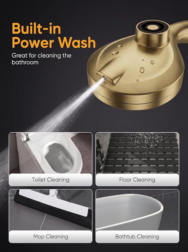 High Pressure Handheld Shower Head Brushed Gold- Anti-clog Nozzles, Built-in Power Wash to Clean Tub, Wall & Overhead Brackets,Magnetitc Rainfall Showerhead with handheld