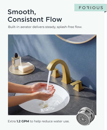 FORIOUS Bathroom Faucets 3 Hole, Brushed Gold Bathroom Sink Faucet for Vanity with Pop-up Drain and Supply Lines, Lead-Free 8 Inch Widespread Faucet for 3 Hole Sink