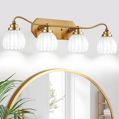 4 Light Gold Vintage Vanity Lights, Antique Brass Finish | Milk White Tulip Crystal Shades,Brushed Gold Bathroom Light Fixtures, Wall Sconce Ideal for Bedroom,Hallway,Easy to Install