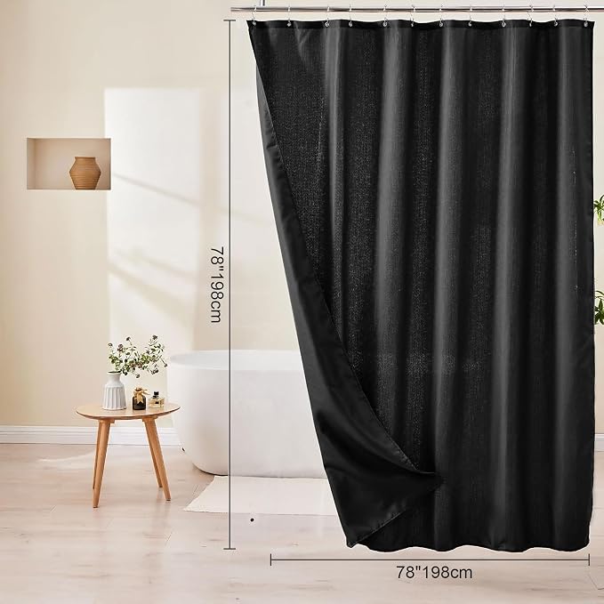 3 in 1 Shower Curtain Set, 72x78 Black Shower Curtain and Liner Set with 12 Double Sided Shower Curtain Hooks, Cloth Shower Curtains for Bathroom,Waterproof