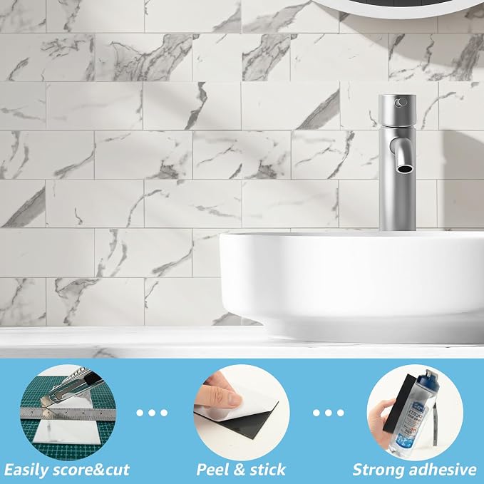 Art3d 102-Pack Peel and Stick Backsplash on Subway Tile, Gray Marble | 3 x 6 in, PVC, Self Adhesive, Waterproof, Traceless Peel, Modular Splicing, Ideal for Vanities, Bathrooms