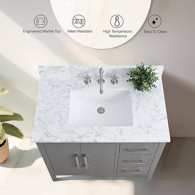 Vanity Art 36 inch Bathroom Vanity with Single Sink & Ceramic Top, Vanity Cabinet with Soft-Closing Doors, Drawers, Solid Wood Frame, Cashmere Gray, VA9036-G-MB1