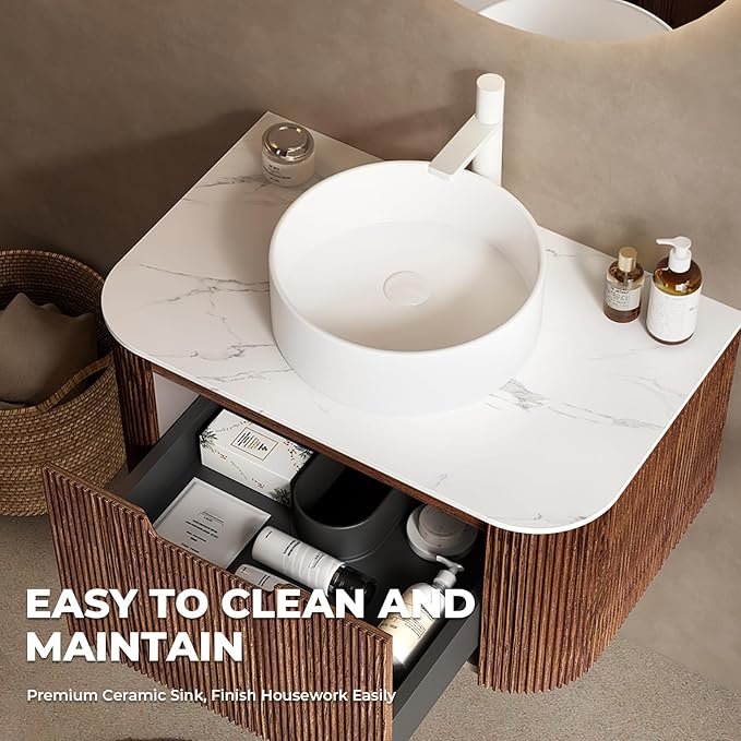 LKTART 36 Inch Floating Bathroom Vanity with Sink, Modern Wall Mounted Bathroom Storage Cabinet with Drawer, Round White Ceramic Sink Top and Marble Texture Top,Walnut