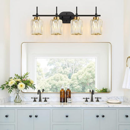 Modern Crystal Bathroom Vanity Light, 4-Light Black and Gold Bathroom Light Fixtures, Clear K9 Crystal Shades, Adjustable Up/Down Mount, E26 Base Wall Sconce (Bulbs Not Included)